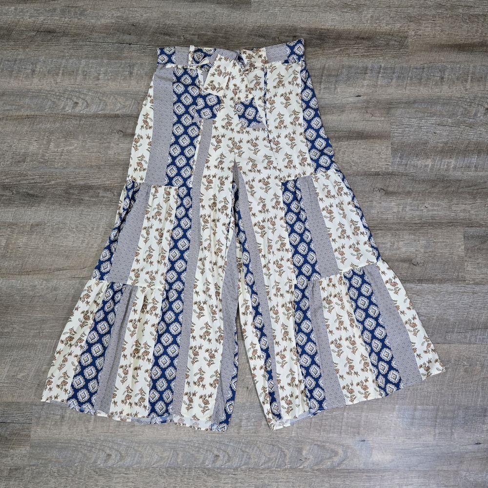 SHEIN Floral Bohemian Patchwork Wide-Leg Pants - Blue and Cream